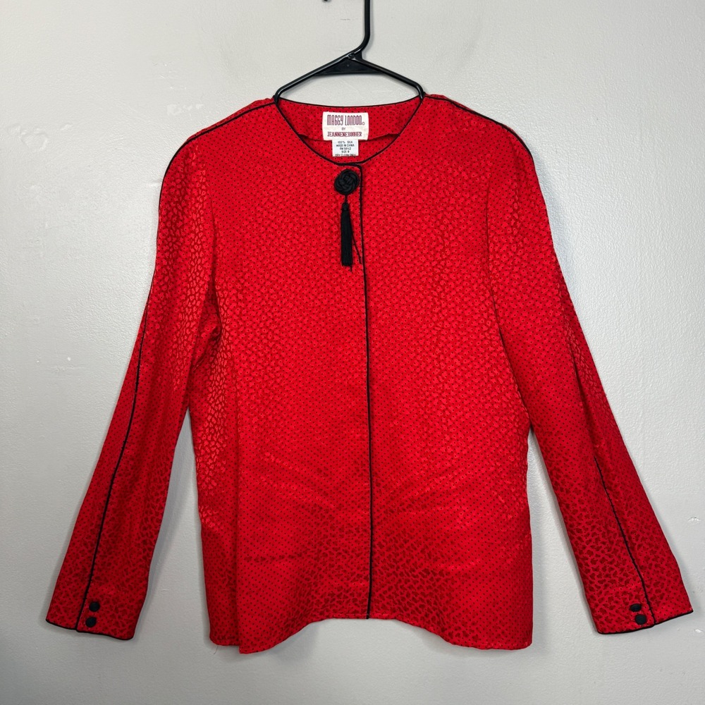 VTG MAGGY LONDON BLOUSES Red Women long sleeve Shirt 100% Silk Sz 8